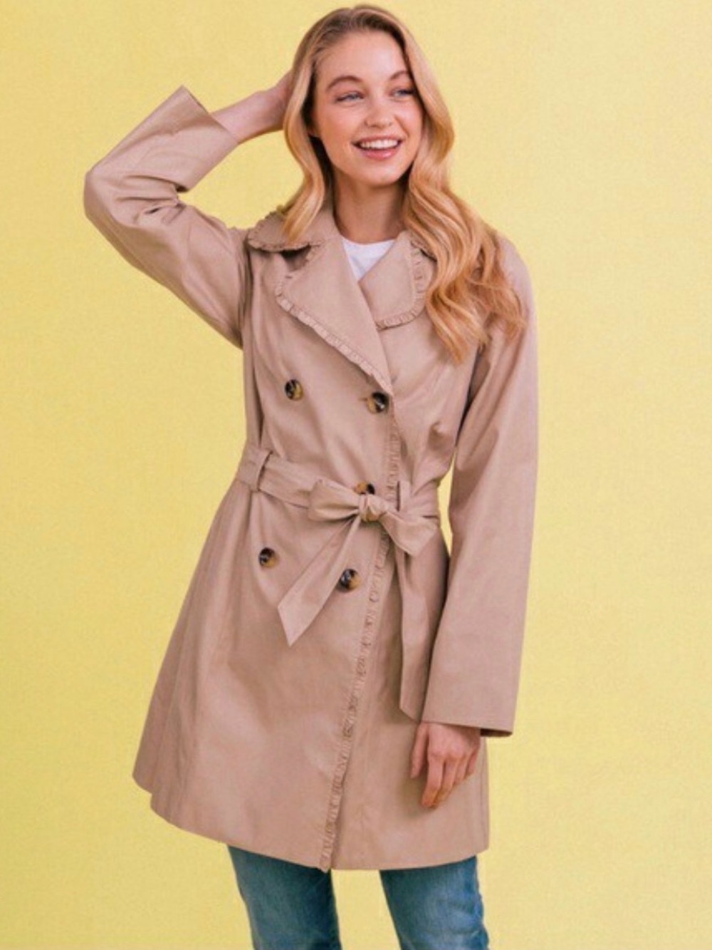 Gal Meets Glam Josie Double-Breasted Trench Coat - Beige